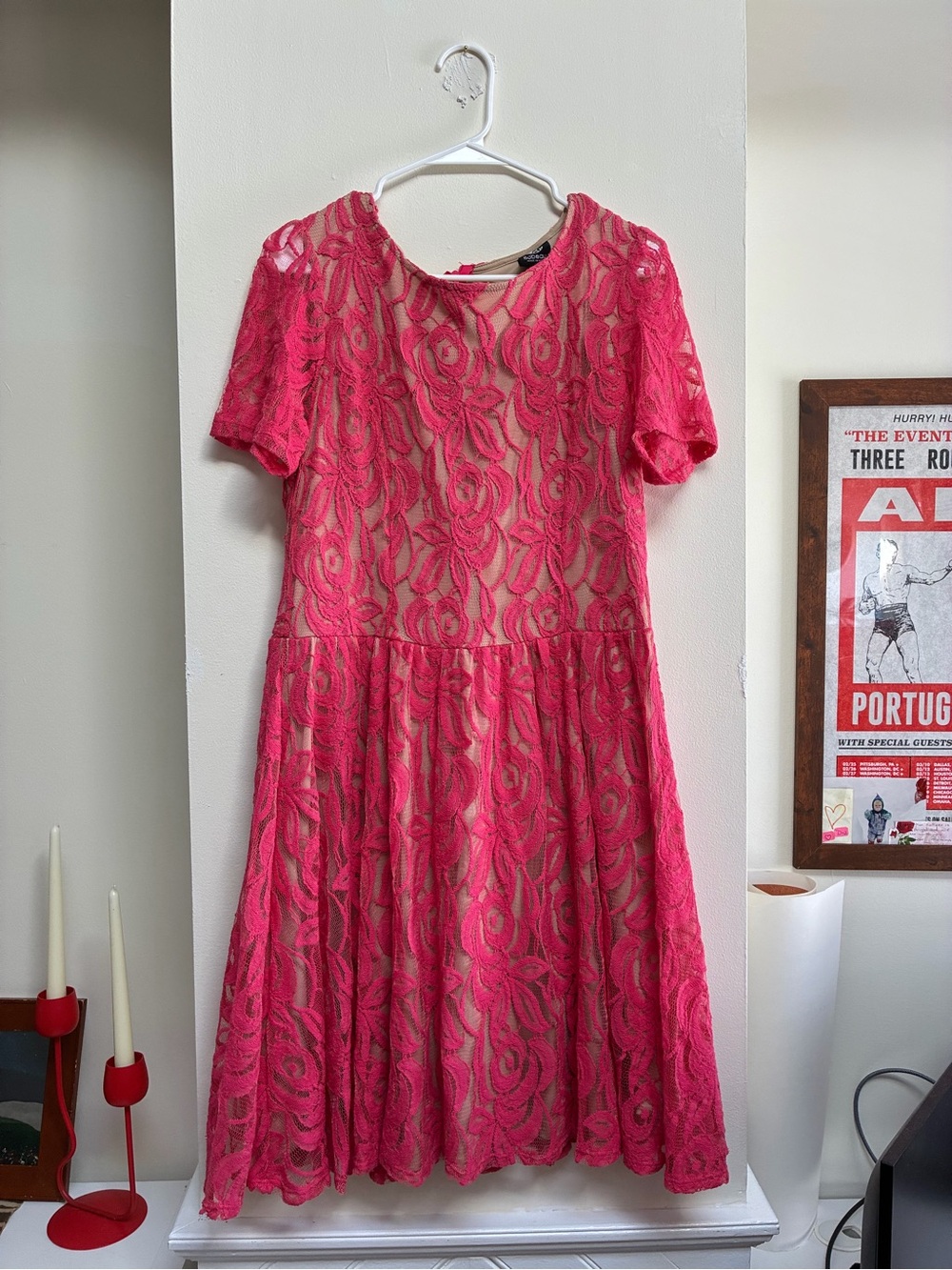 bobeau Hot Pink Lace Short Sleeve A-Line Dress
